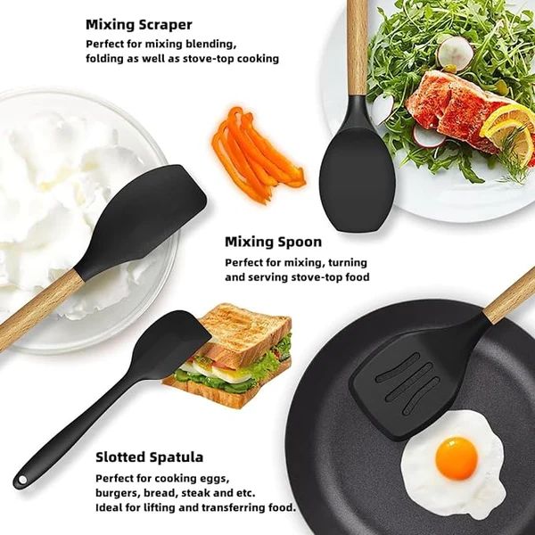 12-Piece Silicone Kitchen Utensils Set with Wooden Handles