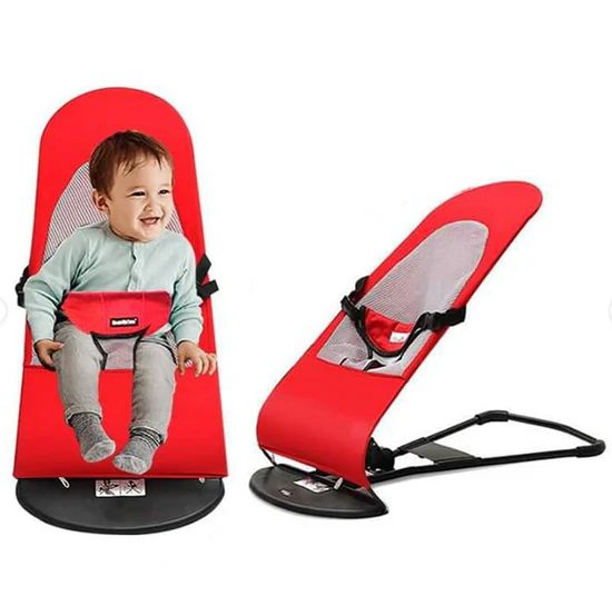 Adjustable foldable baby bouncer chair with breathable mesh fabric and three reclining positions for infants.