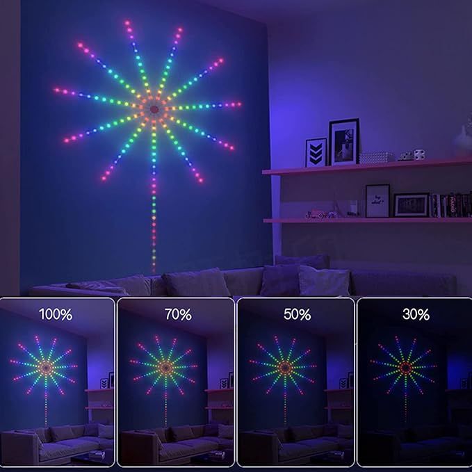 Smart RGB Firework LED lights with app control, remote, music synchronization, and colorful decorative lighting effects for home interiors.