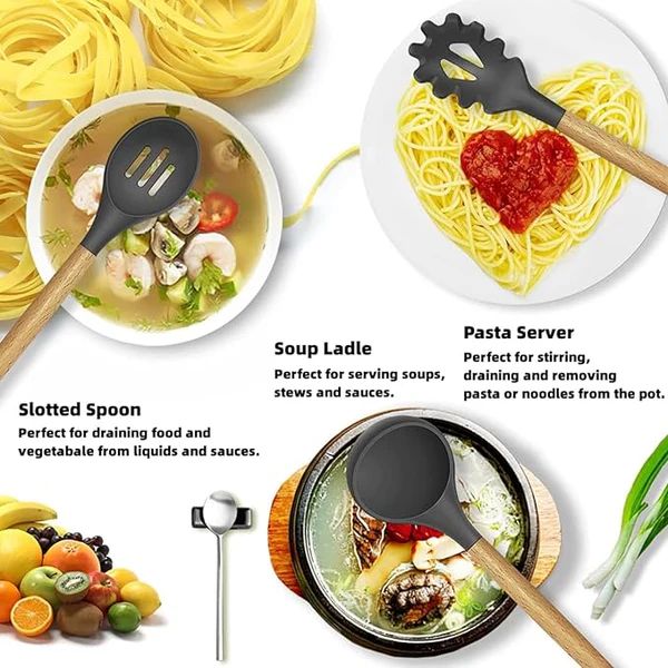 12-Piece Silicone Kitchen Utensils Set with Wooden Handles