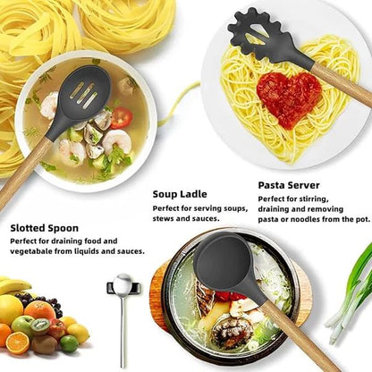 12-Piece Silicone Kitchen Utensils Set with Wooden Handles