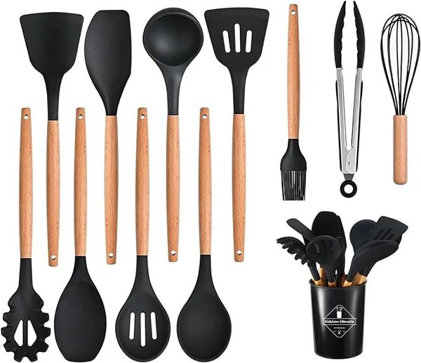 12-Piece Silicone Kitchen Utensils Set with Wooden Handles