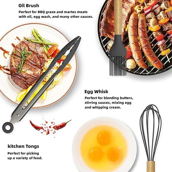 12-Piece Silicone Kitchen Utensils Set with Wooden Handles