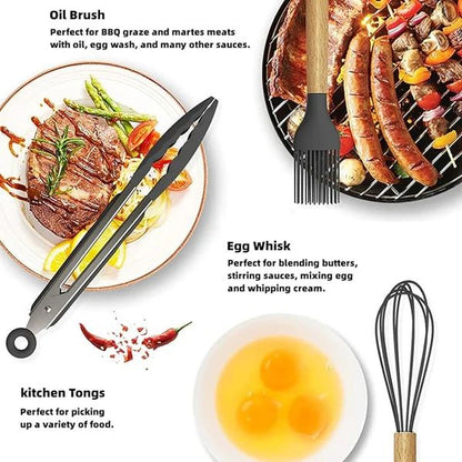 12-Piece Silicone Kitchen Utensils Set with Wooden Handles