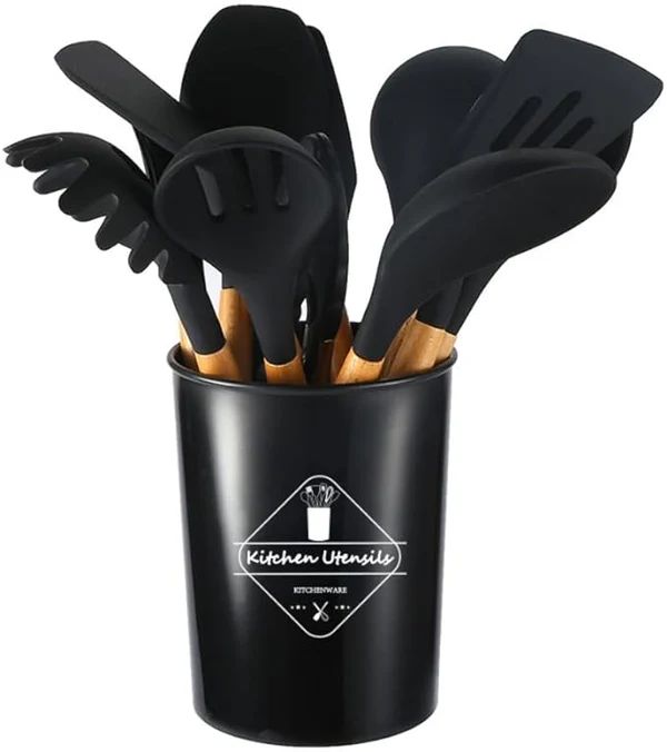 12-Piece Silicone Kitchen Utensils Set with Wooden Handles
