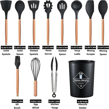 12-Piece Silicone Kitchen Utensils Set with Wooden Handles