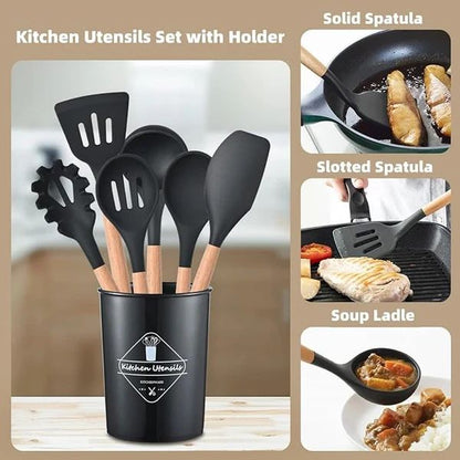 12-Piece Silicone Kitchen Utensils Set with Wooden Handles
