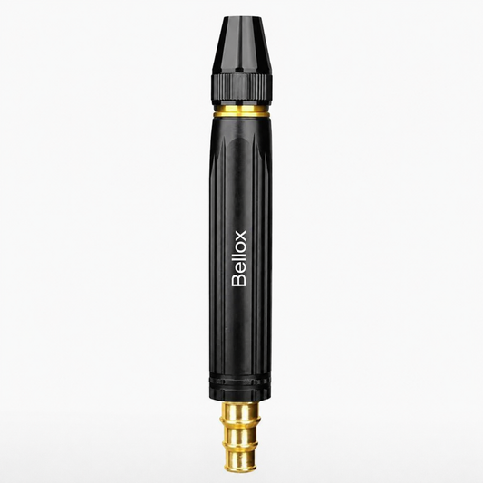 High-pressure brass water hose nozzle with adjustable spray settings for gardening, car washing, and outdoor cleaning.