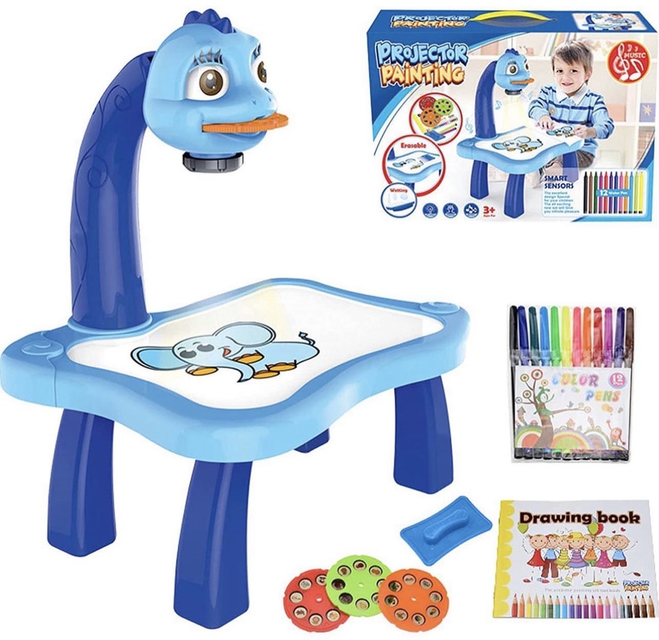 LED projector drawing table for kids with projection slides, drawing board, and colorful pens for creative educational play.