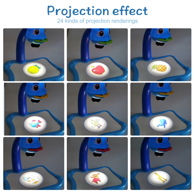 LED projector drawing table for kids with projection slides, drawing board, and colorful pens for creative educational play.