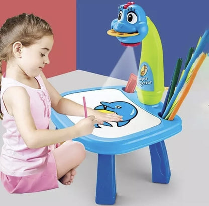 LED projector drawing table for kids with projection slides, drawing board, and colorful pens for creative educational play.
