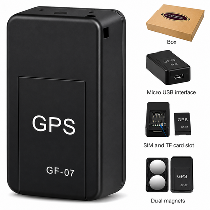 Mini GPS Tracker GF-07 with magnetic mounting, real-time tracking, rechargeable battery, and compact portable design.