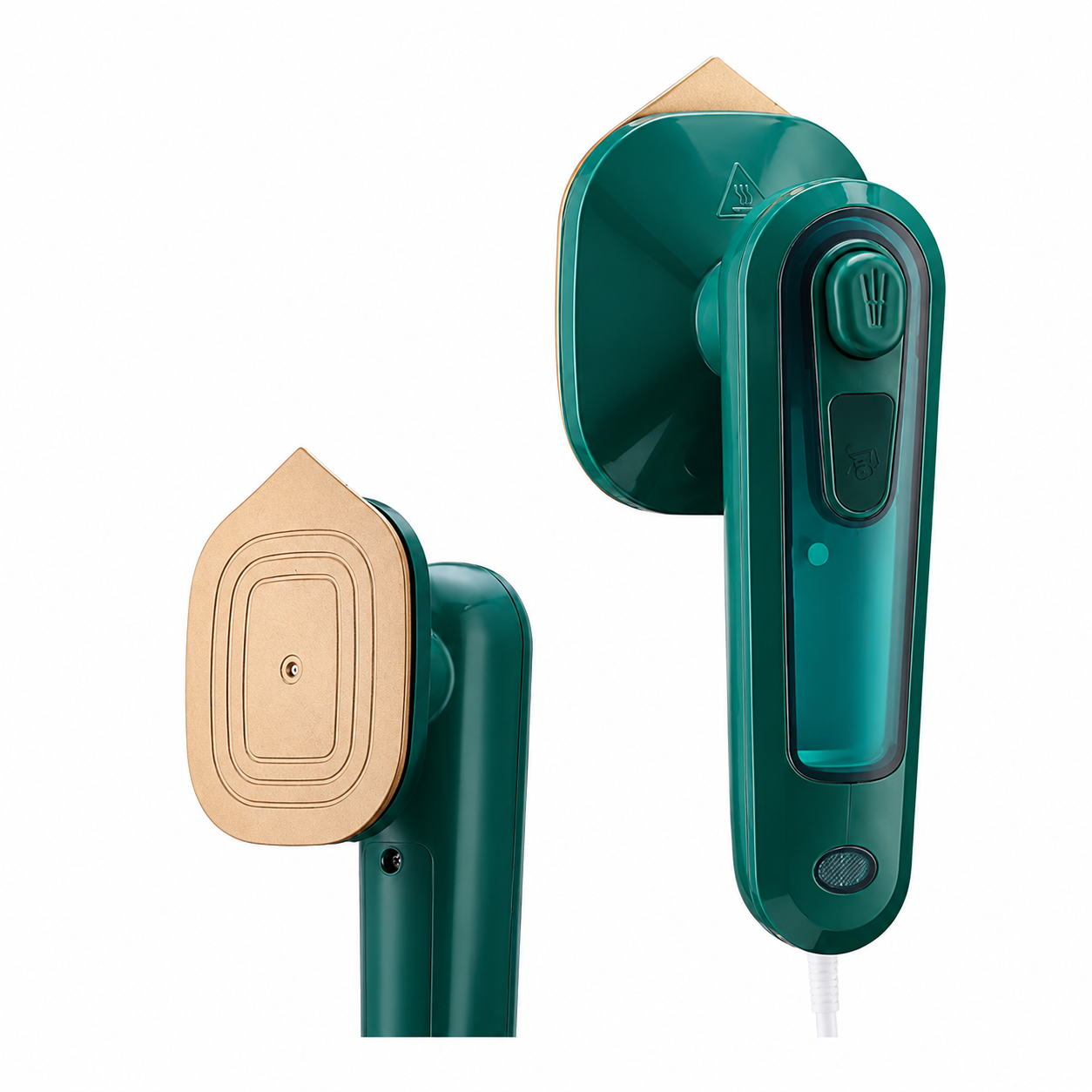Portable mini handheld steam iron with titanium soleplate and compact design for home and travel use.