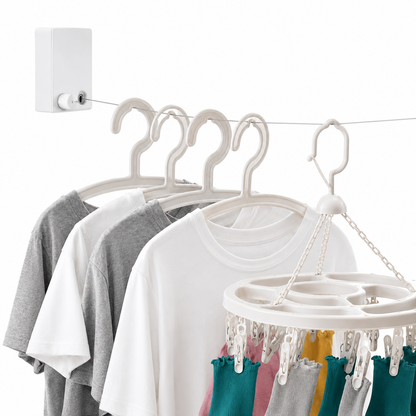 Retractable wall-mounted clothesline with stainless-steel drying rope for indoor and outdoor laundry drying.