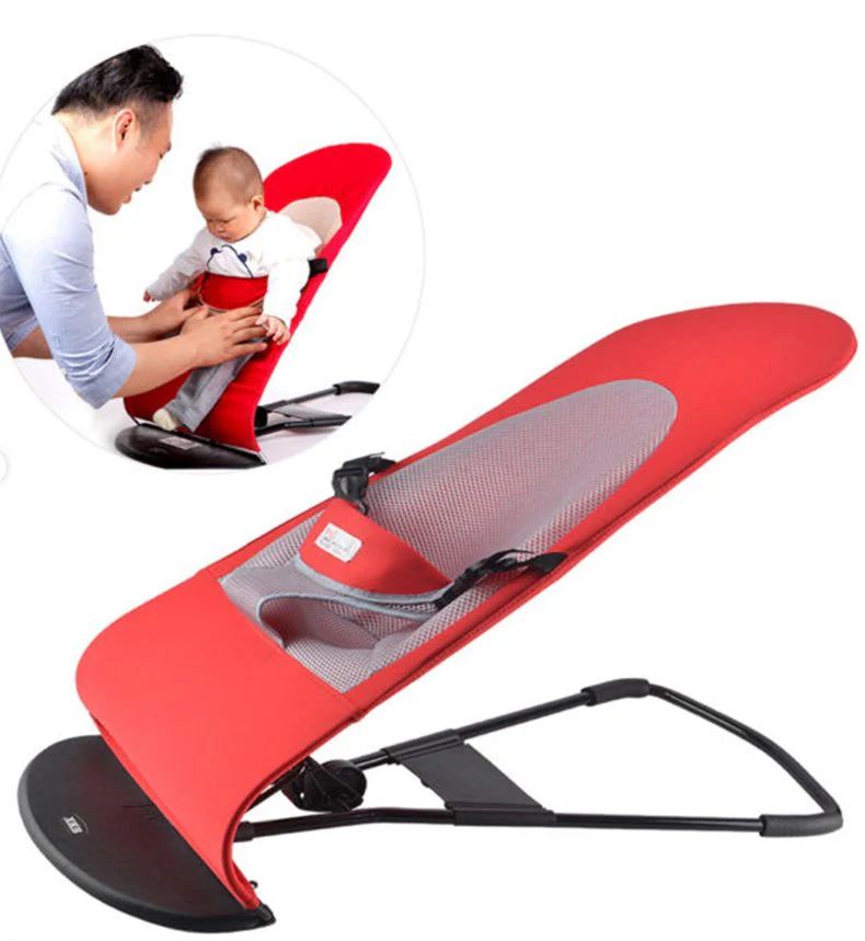 Adjustable foldable baby bouncer chair with breathable mesh fabric and three reclining positions for infants.