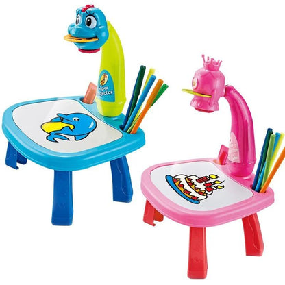 LED projector drawing table for kids with projection slides, drawing board, and colorful pens for creative educational play.