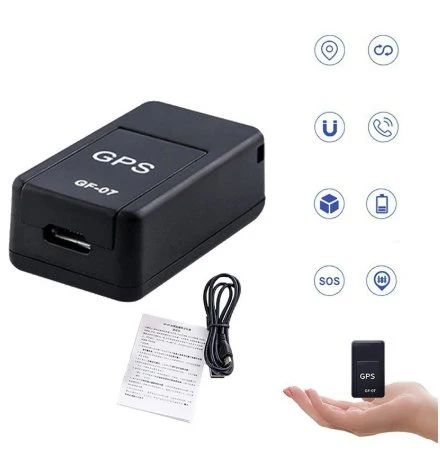 Mini GPS Tracker GF-07 with magnetic mounting, real-time tracking, rechargeable battery, and compact portable design.