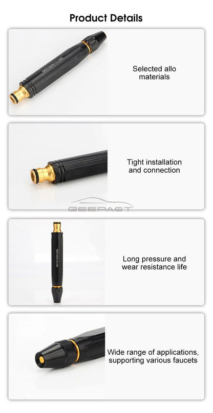 High-pressure brass water hose nozzle with adjustable spray settings for gardening, car washing, and outdoor cleaning.