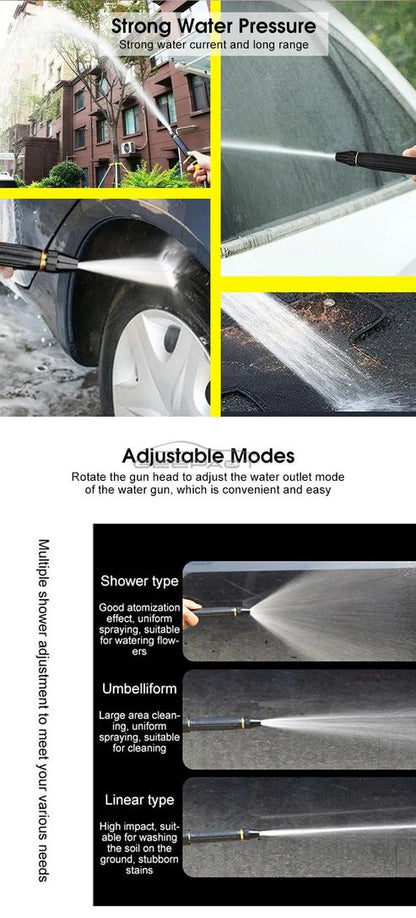 High-pressure brass water hose nozzle with adjustable spray settings for gardening, car washing, and outdoor cleaning.