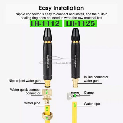High-pressure brass water hose nozzle with adjustable spray settings for gardening, car washing, and outdoor cleaning.