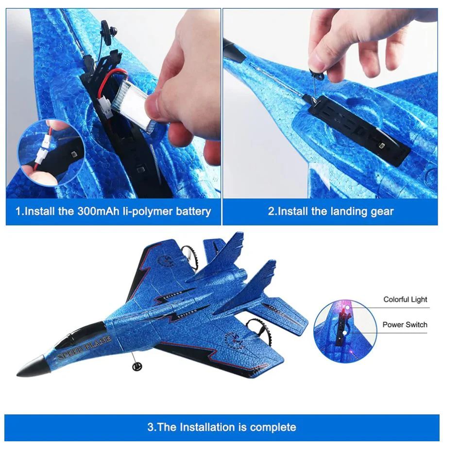 Remote Control Fighter Jet with 2.4GHz remote, rechargeable battery, and built-in gyroscope for stable outdoor flying.