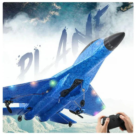 Remote Control Fighter Jet with 2.4GHz remote, rechargeable battery, and built-in gyroscope for stable outdoor flying.