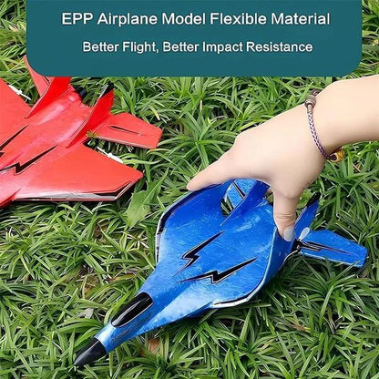 Remote Control Fighter Jet with 2.4GHz remote, rechargeable battery, and built-in gyroscope for stable outdoor flying.