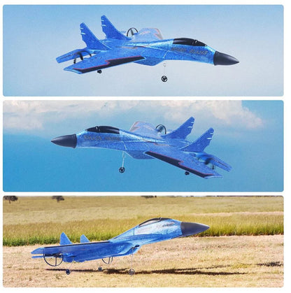 Remote Control Fighter Jet with 2.4GHz remote, rechargeable battery, and built-in gyroscope for stable outdoor flying.