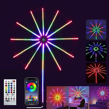 Smart RGB Firework LED lights with app control, remote, music synchronization, and colorful decorative lighting effects for home interiors.