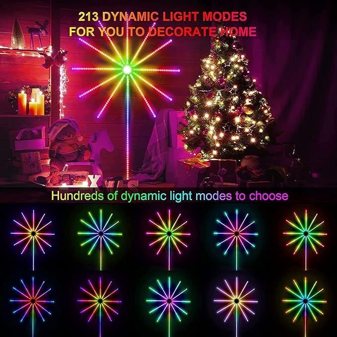 Smart RGB Firework LED lights with app control, remote, music synchronization, and colorful decorative lighting effects for home interiors.