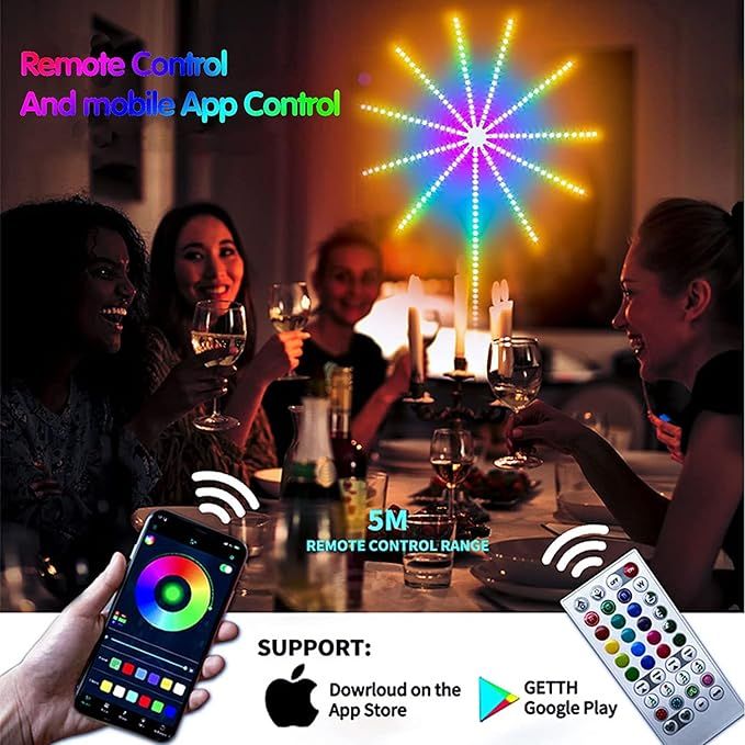 Smart RGB Firework LED lights with app control, remote, music synchronization, and colorful decorative lighting effects for home interiors.