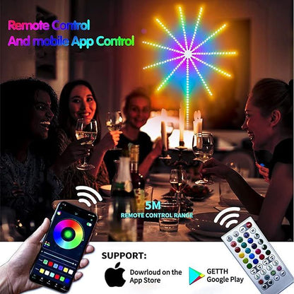 Smart RGB Firework LED lights with app control, remote, music synchronization, and colorful decorative lighting effects for home interiors.