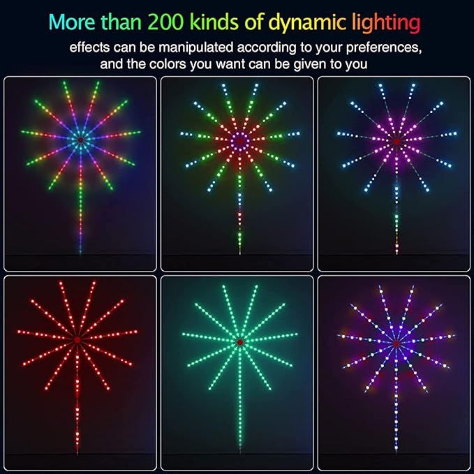 Smart RGB Firework LED lights with app control, remote, music synchronization, and colorful decorative lighting effects for home interiors.