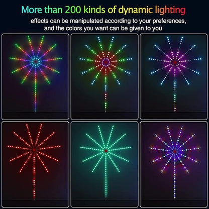Smart RGB Firework LED lights with app control, remote, music synchronization, and colorful decorative lighting effects for home interiors.