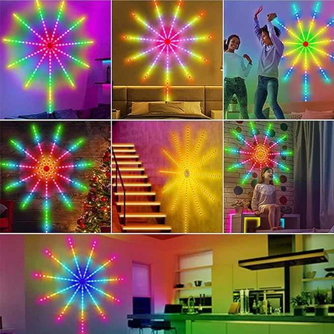 Smart RGB Firework LED lights with app control, remote, music synchronization, and colorful decorative lighting effects for home interiors.
