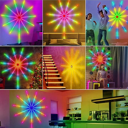 Smart RGB Firework LED lights with app control, remote, music synchronization, and colorful decorative lighting effects for home interiors.