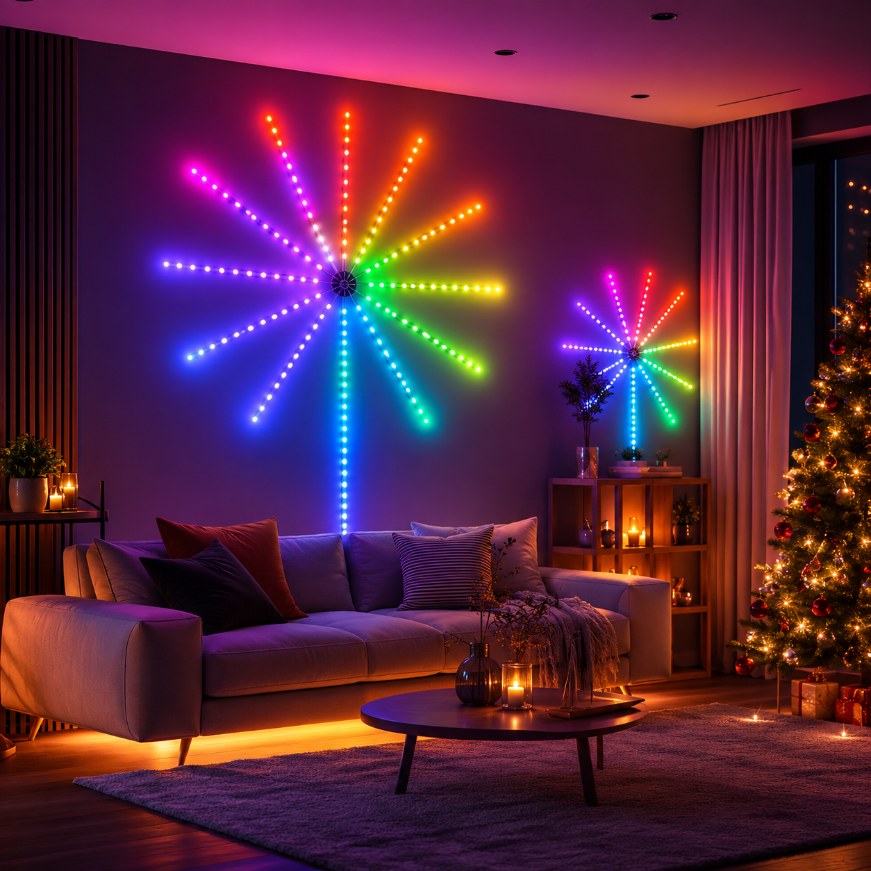 Smart RGB Firework LED lights with app control, remote, music synchronization, and colorful decorative lighting effects for home interiors.