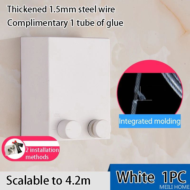 Retractable wall-mounted clothesline with stainless-steel drying rope for indoor and outdoor laundry drying.