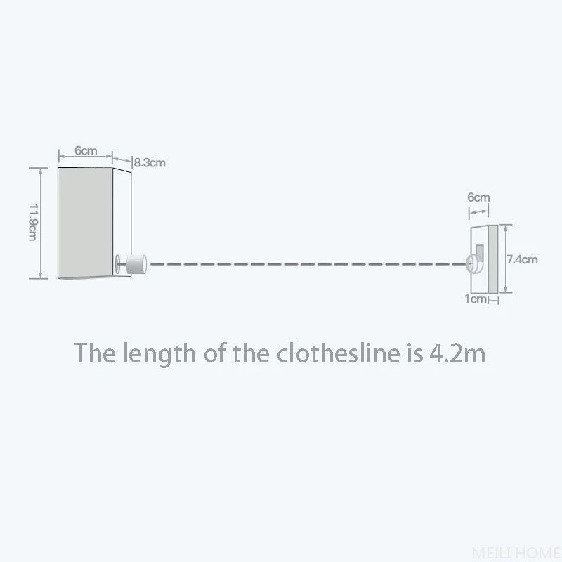 Retractable wall-mounted clothesline with stainless-steel drying rope for indoor and outdoor laundry drying.