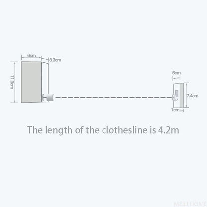 Retractable wall-mounted clothesline with stainless-steel drying rope for indoor and outdoor laundry drying.