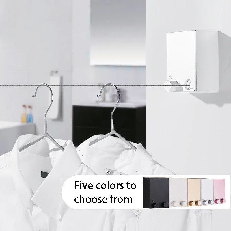 Retractable wall-mounted clothesline with stainless-steel drying rope for indoor and outdoor laundry drying.