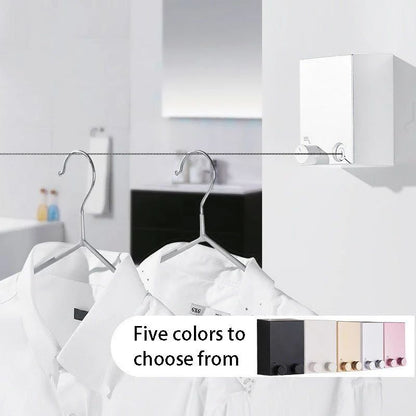 Retractable wall-mounted clothesline with stainless-steel drying rope for indoor and outdoor laundry drying.